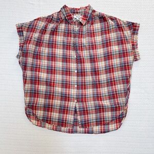 MADEWELL Plaid Red Cap Sleeve Button up top - Size XS - oversize fit  (M/L)